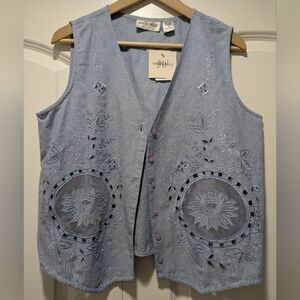 Vintage Baxter & Wells Floral Embroidered Cotton Vest Top Blue Boho Size M